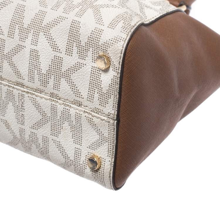 Pre Owned Michael Kors White/Brown Signature Coated Canvas Ciara Satchel