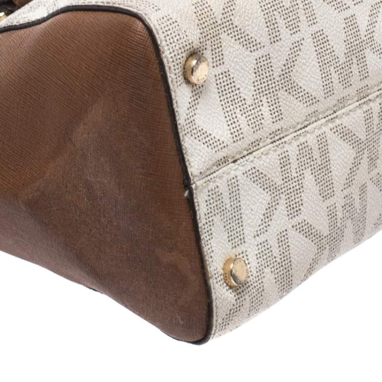 Pre Owned Michael Kors White/Brown Signature Coated Canvas Ciara Satchel