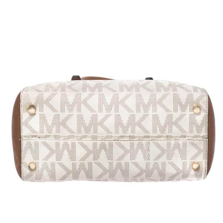 Pre Owned Michael Kors White/Brown Signature Coated Canvas Ciara Satchel