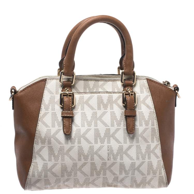 Pre Owned Michael Kors White/Brown Signature Coated Canvas Ciara Satchel