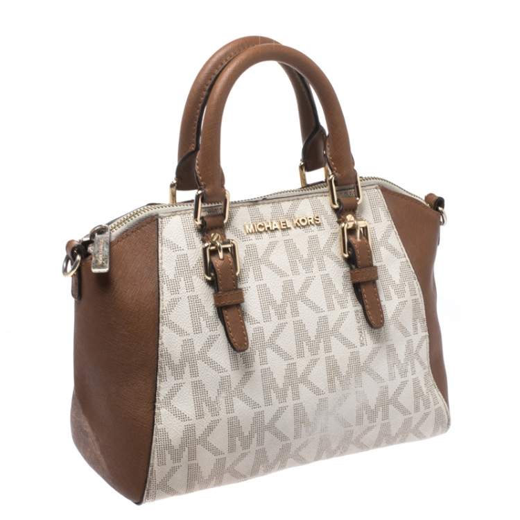 Pre Owned Michael Kors White/Brown Signature Coated Canvas Ciara Satchel