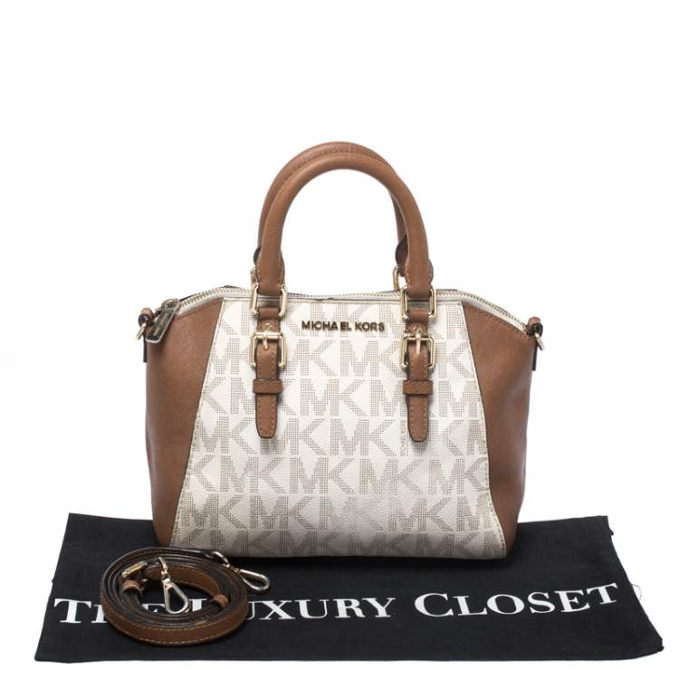 Pre Owned Michael Kors White/Brown Signature Coated Canvas Ciara Satchel