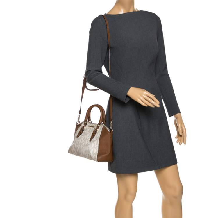 Pre Owned Michael Kors White/Brown Signature Coated Canvas Ciara Satchel