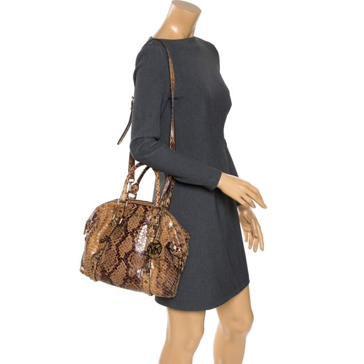 Pre Owned MICHAEL Michael Kors Brown Python Effect Suede Satchel