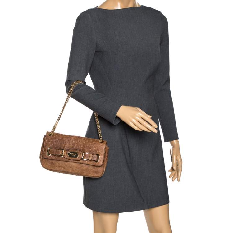 Pre Owned MICHAEL Michael Kors Brown Embossed Ostrich Leather Flap Shoulder Bag