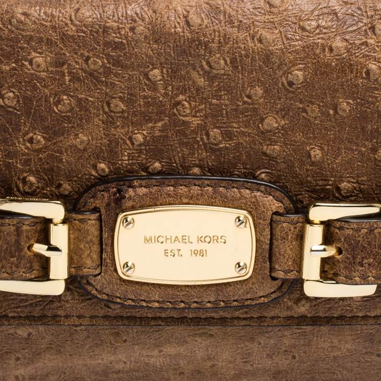 Pre Owned MICHAEL Michael Kors Brown Embossed Ostrich Leather Flap Shoulder Bag