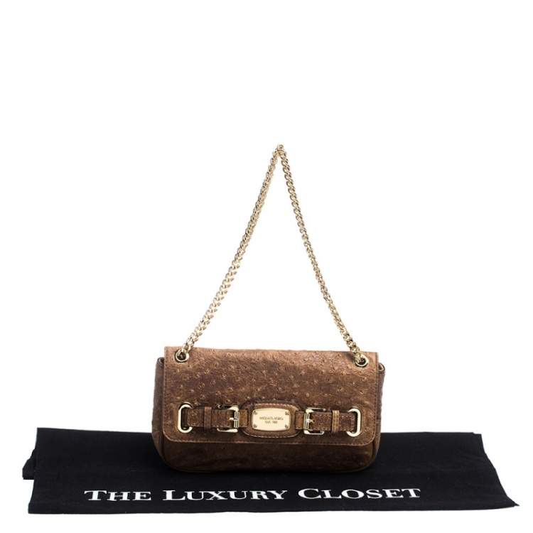 Pre Owned MICHAEL Michael Kors Brown Embossed Ostrich Leather Flap Shoulder Bag