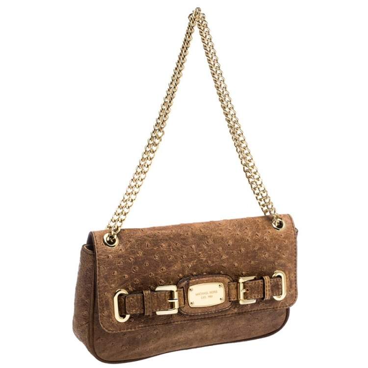 Pre Owned MICHAEL Michael Kors Brown Embossed Ostrich Leather Flap Shoulder Bag