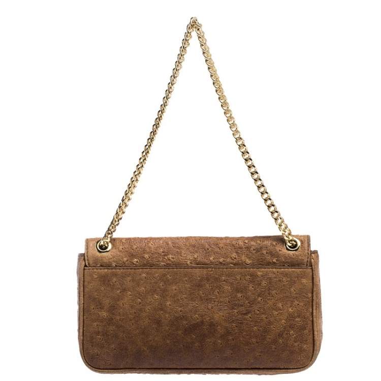 Pre Owned MICHAEL Michael Kors Brown Embossed Ostrich Leather Flap Shoulder Bag