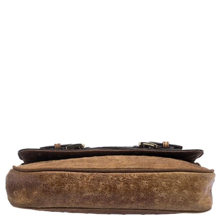 Pre Owned MICHAEL Michael Kors Brown Embossed Ostrich Leather Flap Shoulder Bag