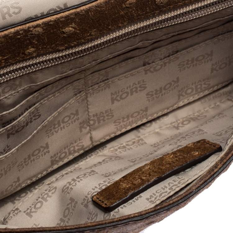 Pre Owned MICHAEL Michael Kors Brown Embossed Ostrich Leather Flap Shoulder Bag
