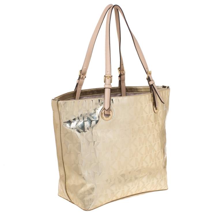 Pre Owned MICHAEL Michael Kors Gold Mirror Signature PVC and Leather Tote