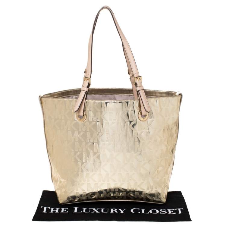 Pre Owned MICHAEL Michael Kors Gold Mirror Signature PVC and Leather Tote