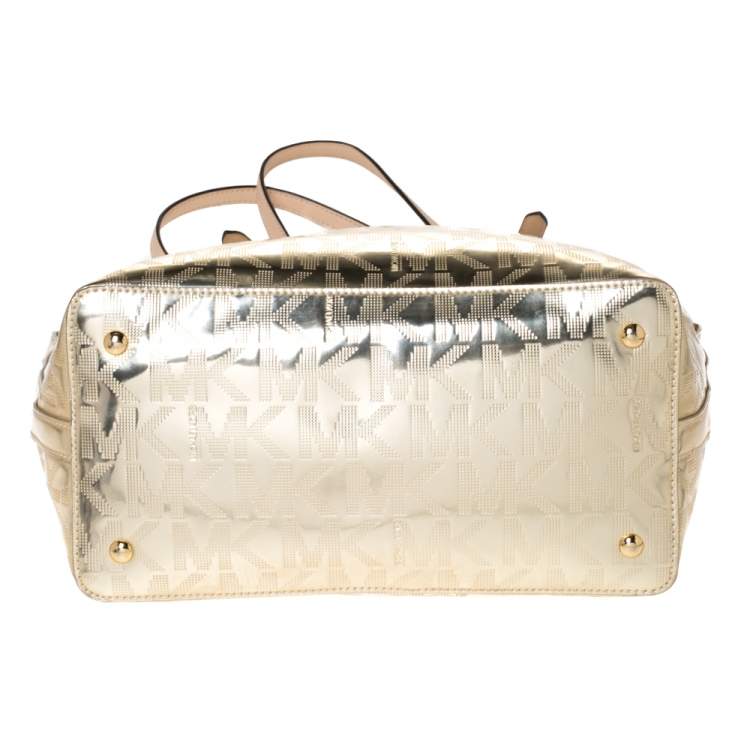 Pre Owned MICHAEL Michael Kors Gold Mirror Signature PVC and Leather Tote
