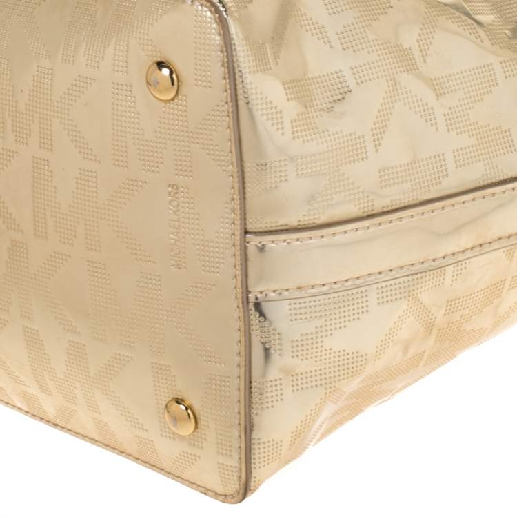 Pre Owned MICHAEL Michael Kors Gold Mirror Signature PVC and Leather Tote