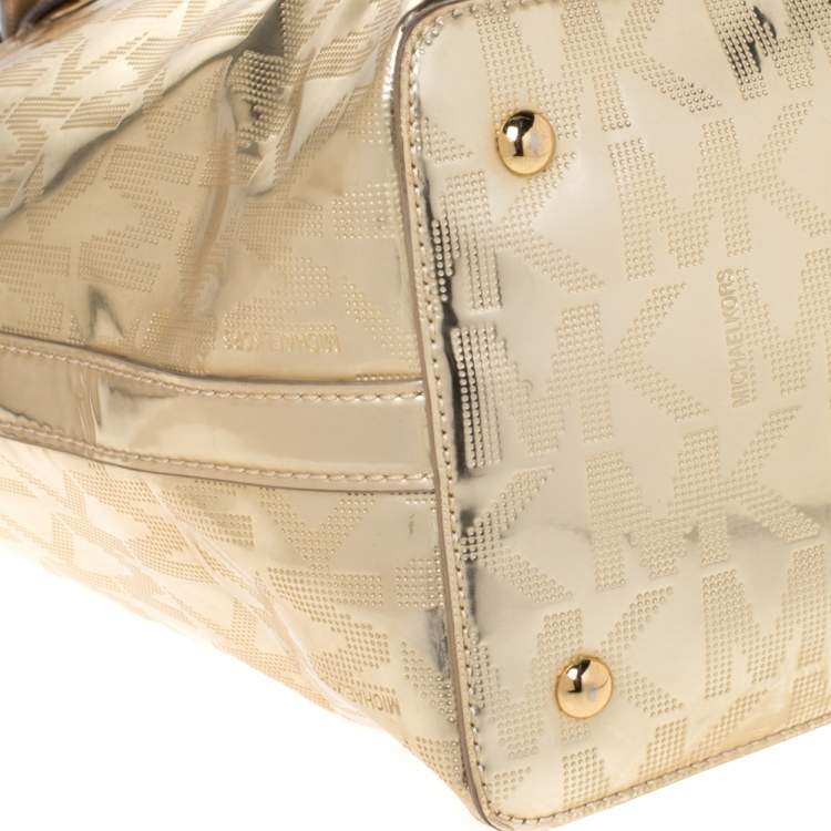 Pre Owned MICHAEL Michael Kors Gold Mirror Signature PVC and Leather Tote