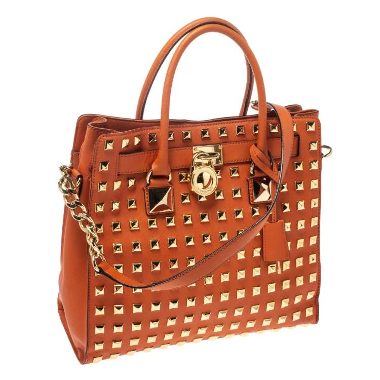 Pre Owned Michael Michael Kors Orange Leather Large Studded Hamilton Tote