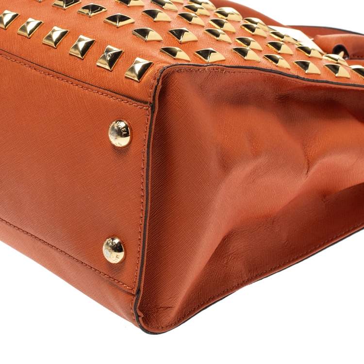 Pre Owned Michael Michael Kors Orange Leather Large Studded Hamilton Tote