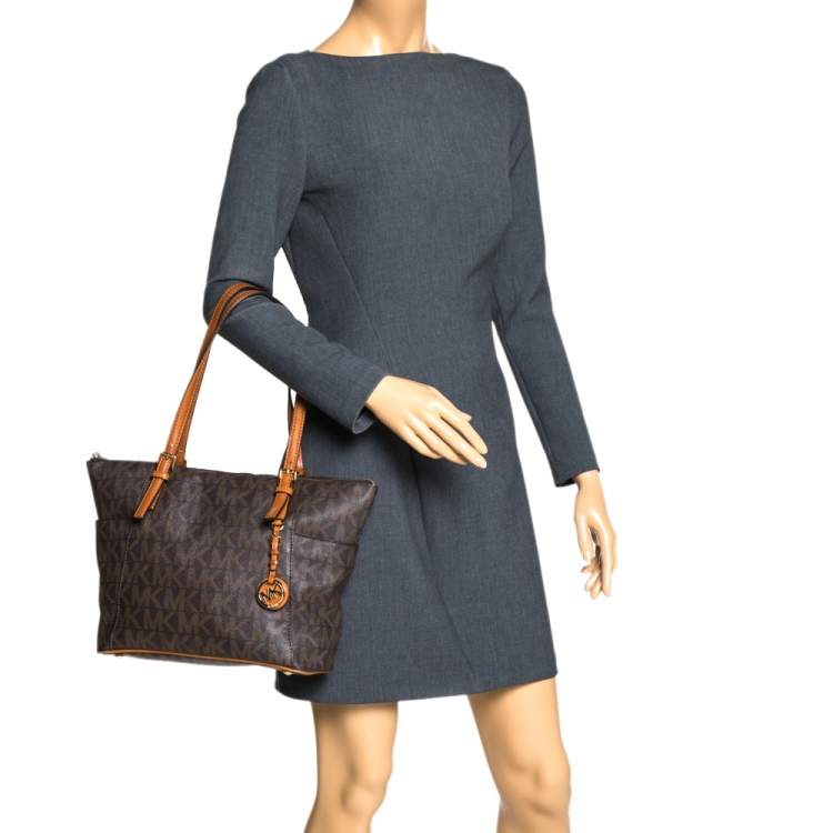 Pre Owned MICHAEL Michael Kors Dark Brown Signature Coated Canvas and Leather Jet Set Top Zip Tote