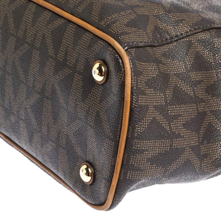 Pre Owned MICHAEL Michael Kors Dark Brown Signature Coated Canvas and Leather Jet Set Top Zip Tote