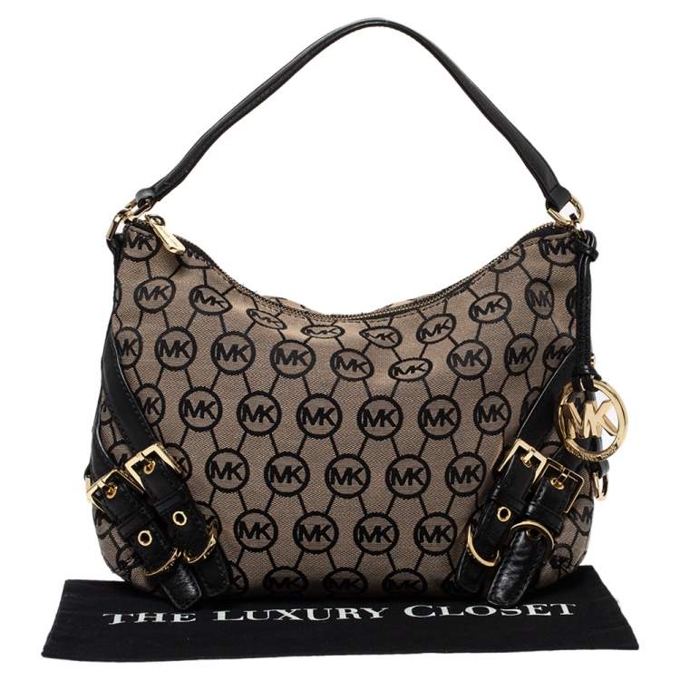 Pre Owned MICHAEL Michael Kors Beige/Black Canvas and Leather Hobo