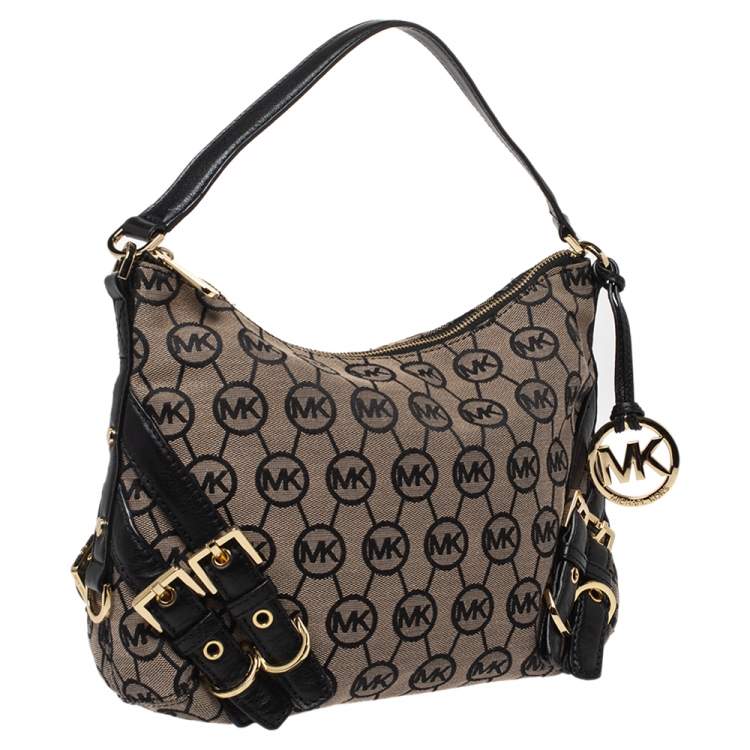 Pre Owned MICHAEL Michael Kors Beige/Black Canvas and Leather Hobo