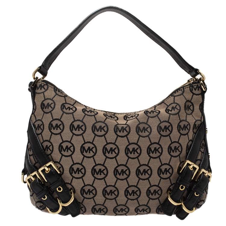 Pre Owned MICHAEL Michael Kors Beige/Black Canvas and Leather Hobo