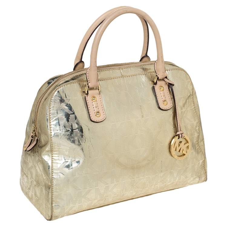 Pre Owned MICHAEL Michael Kors Gold Mirror Signature Leather Dome Satchel