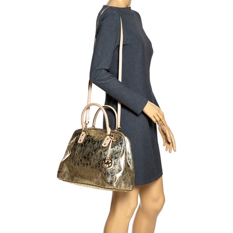 Pre Owned MICHAEL Michael Kors Gold Mirror Signature Leather Dome Satchel