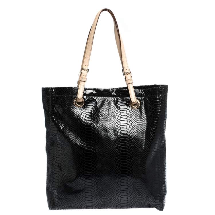 مملوكة مسبقًا MICHAEL Michael Kors Black Python Effect Patent Leather North South Tote