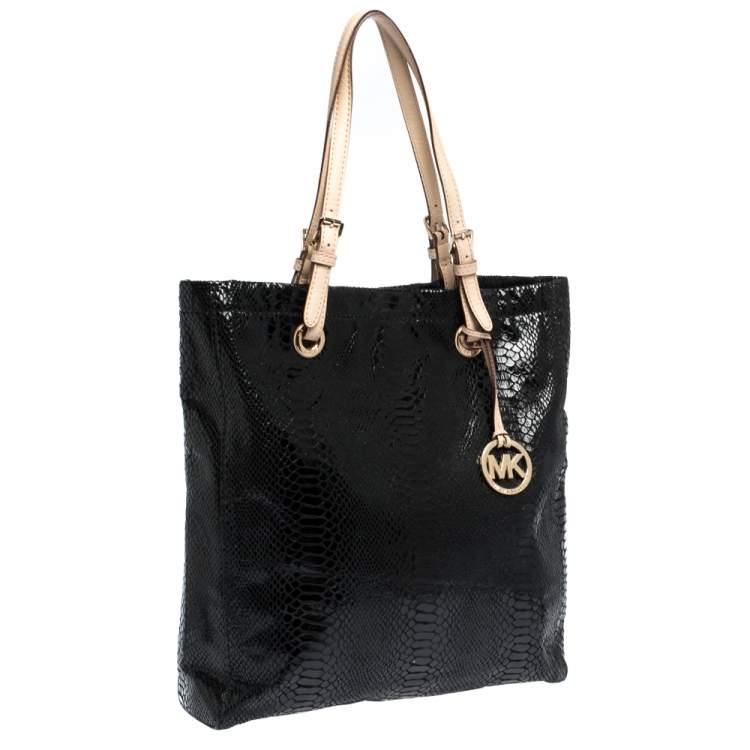 مملوكة مسبقًا MICHAEL Michael Kors Black Python Effect Patent Leather North South Tote