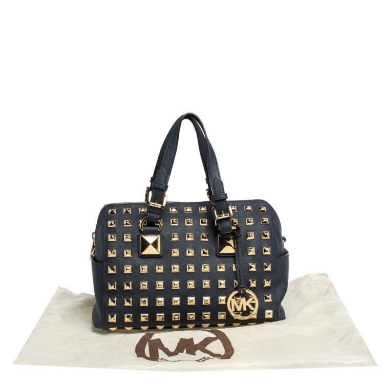 Pre Owned MICHAEL Michael Kors Navy Blue Leather Studded Grayson Satchel