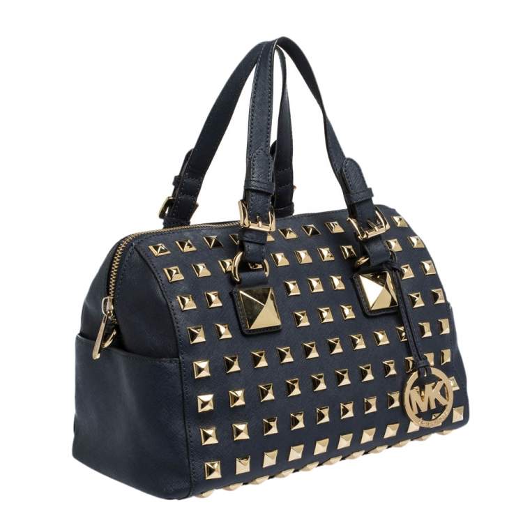Pre Owned MICHAEL Michael Kors Navy Blue Leather Studded Grayson Satchel