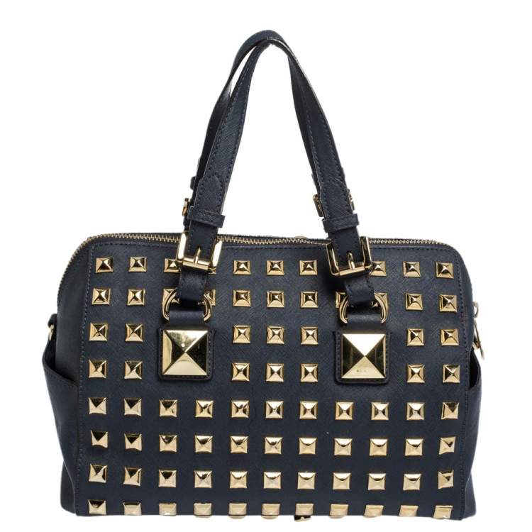 Pre Owned MICHAEL Michael Kors Navy Blue Leather Studded Grayson Satchel