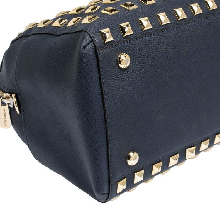 Pre Owned MICHAEL Michael Kors Navy Blue Leather Studded Grayson Satchel