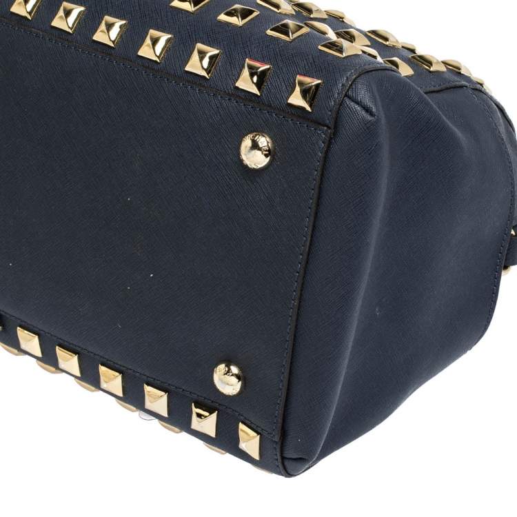 Pre Owned MICHAEL Michael Kors Navy Blue Leather Studded Grayson Satchel