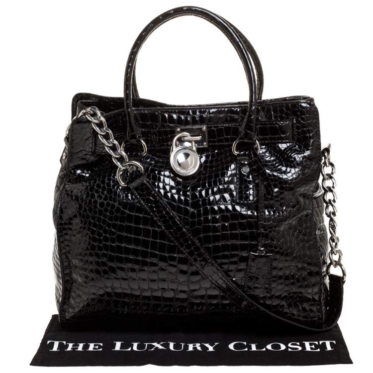Pre Owned MICHAEL Michael Kors Black Croc Embossed Patent Leather Large Hamilton North South Tote