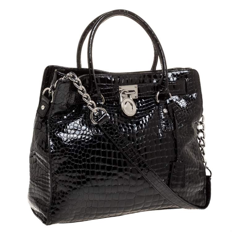 Pre Owned MICHAEL Michael Kors Black Croc Embossed Patent Leather Large Hamilton North South Tote