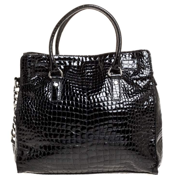 Pre Owned MICHAEL Michael Kors Black Croc Embossed Patent Leather Large Hamilton North South Tote