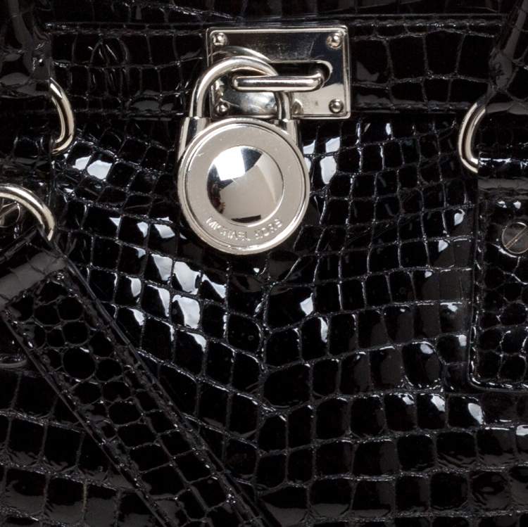 Pre Owned MICHAEL Michael Kors Black Croc Embossed Patent Leather Large Hamilton North South Tote
