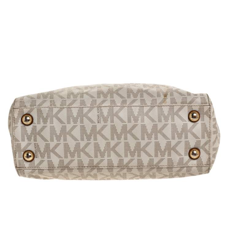 مملوكة مسبقًا MICHAEL Michael Kors White/Brown Signature Coated Canvas Medium Cynthia Tote