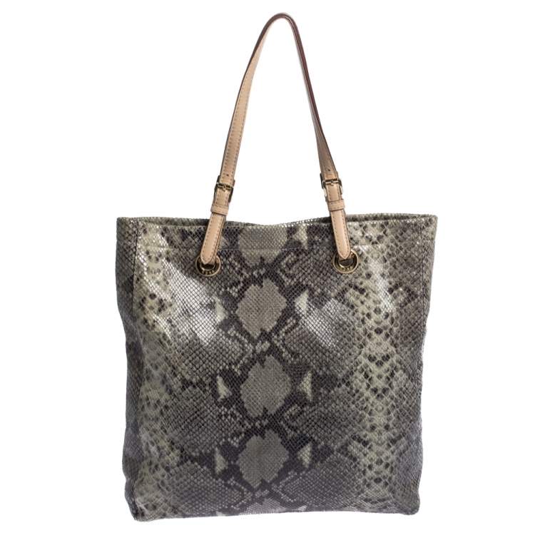 Pre Owned Michael Michael Kors Beige/Grey Python Effect Leather North South Tote