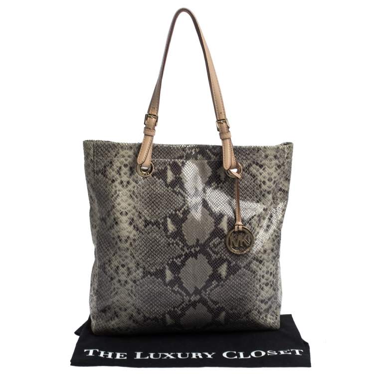Pre Owned Michael Michael Kors Beige/Grey Python Effect Leather North South Tote