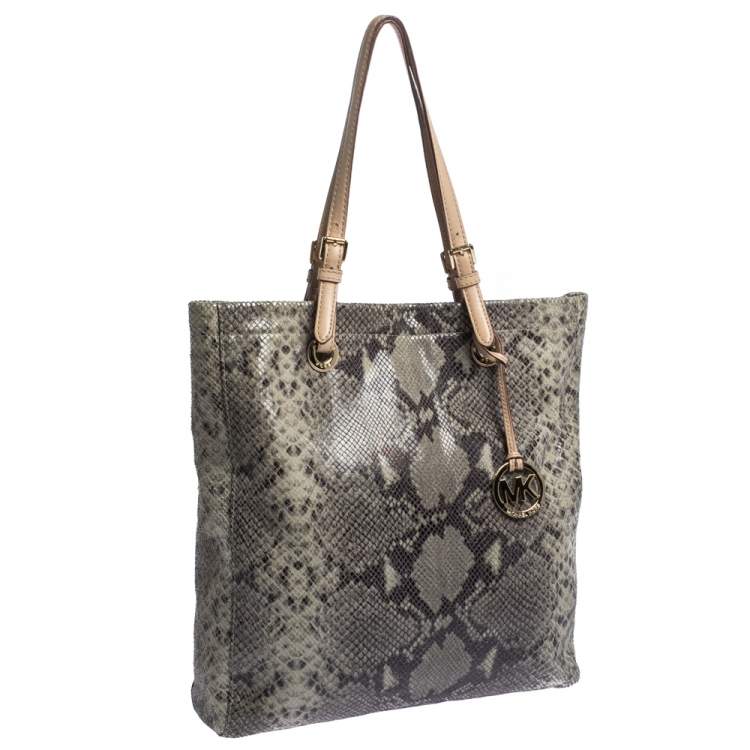 Pre Owned Michael Michael Kors Beige/Grey Python Effect Leather North South Tote