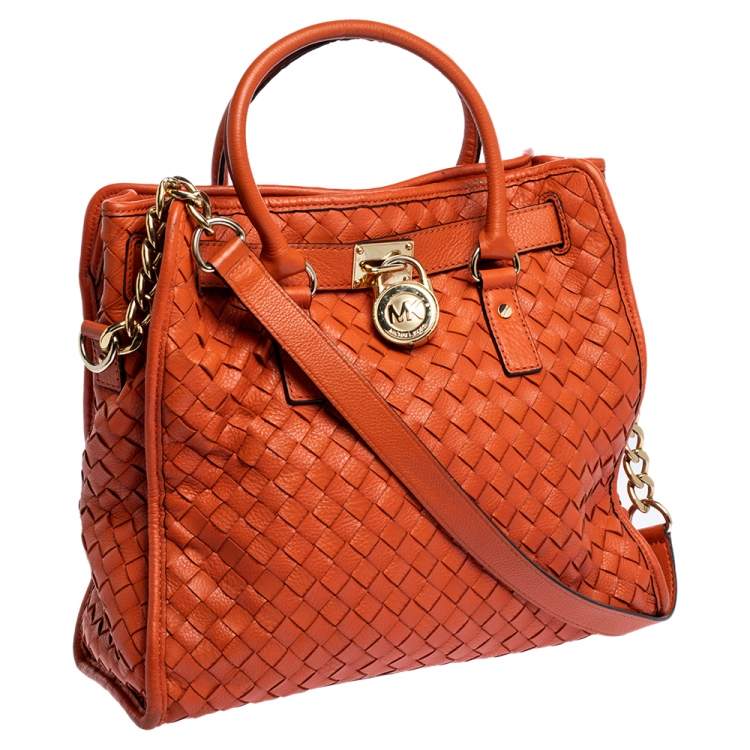 Pre Owned MICHAEL Michael Kors Orange Woven Leather Large Hamilton North South Tote