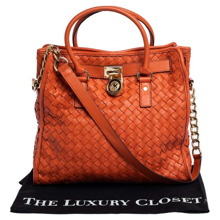 Pre Owned MICHAEL Michael Kors Orange Woven Leather Large Hamilton North South Tote