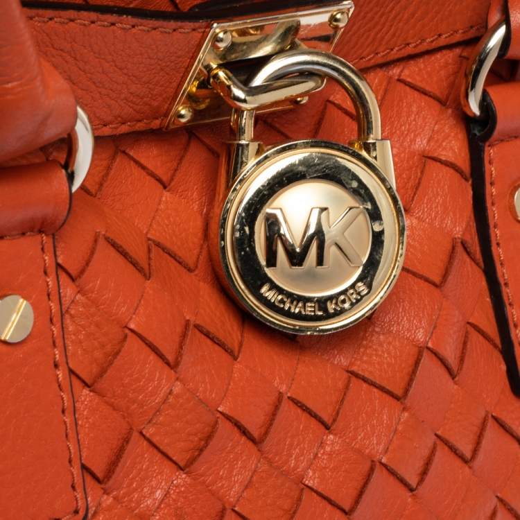 Pre Owned MICHAEL Michael Kors Orange Woven Leather Large Hamilton North South Tote
