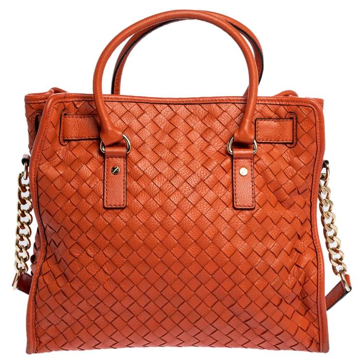 Pre Owned MICHAEL Michael Kors Orange Woven Leather Large Hamilton North South Tote