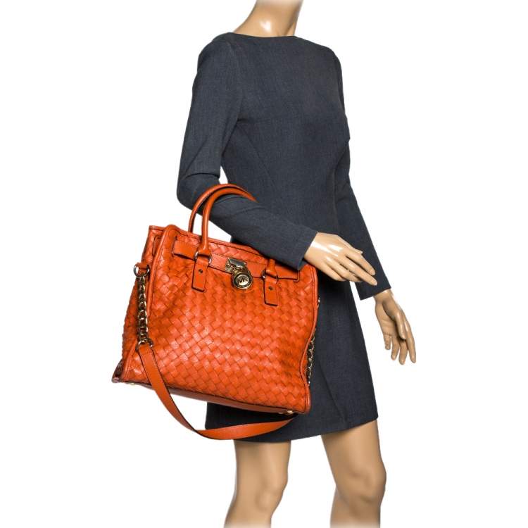 Pre Owned MICHAEL Michael Kors Orange Woven Leather Large Hamilton North South Tote