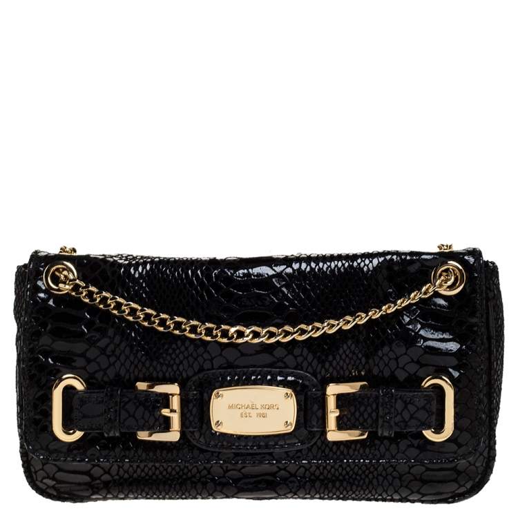 Pre Owned MICHAEL Michael Kors Python Effect Patent Leather and Suede Buckle Flap Shoulder Bag